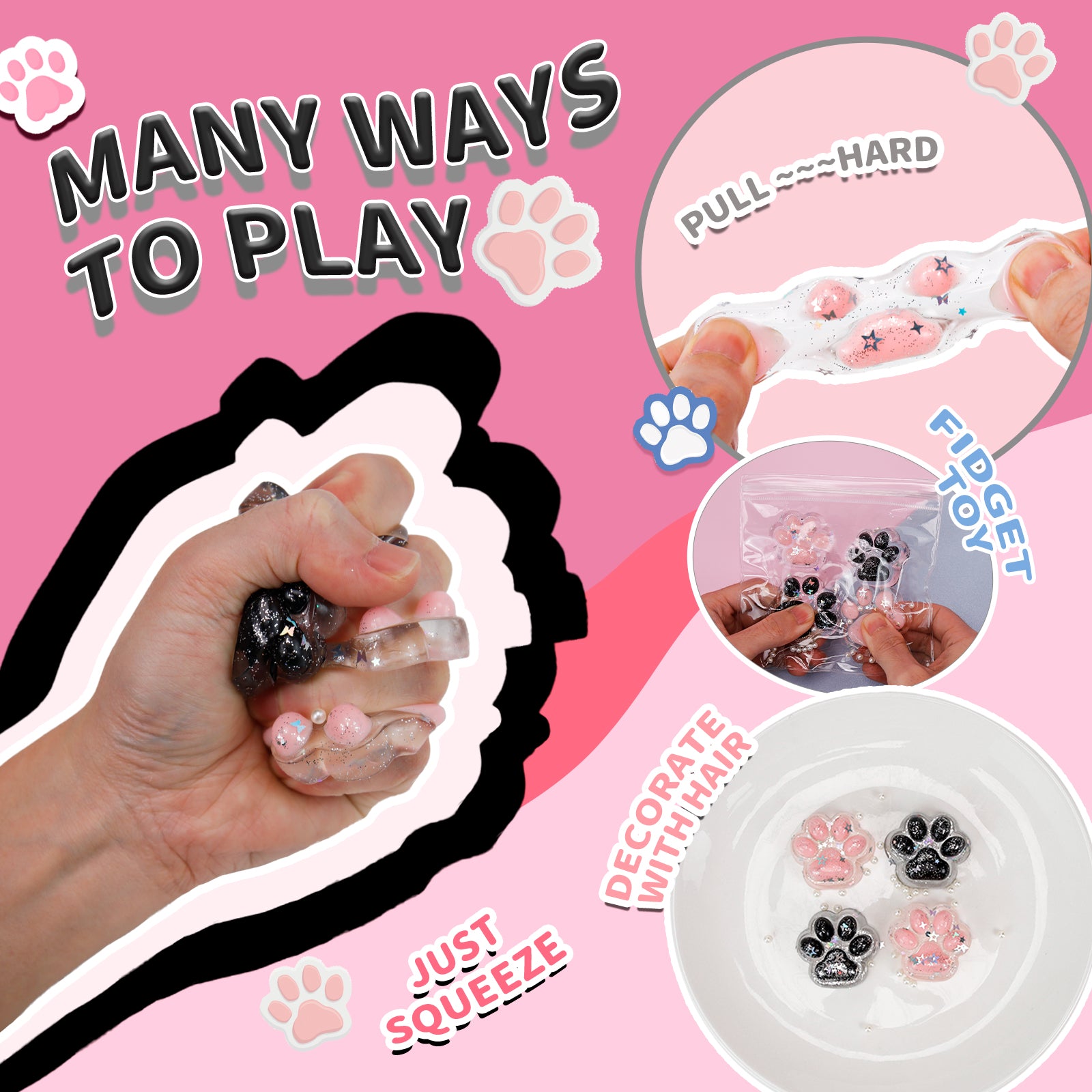 Four Kitten Squishy Toy - Black & Pink Cat Paw Toy - Soft Toy