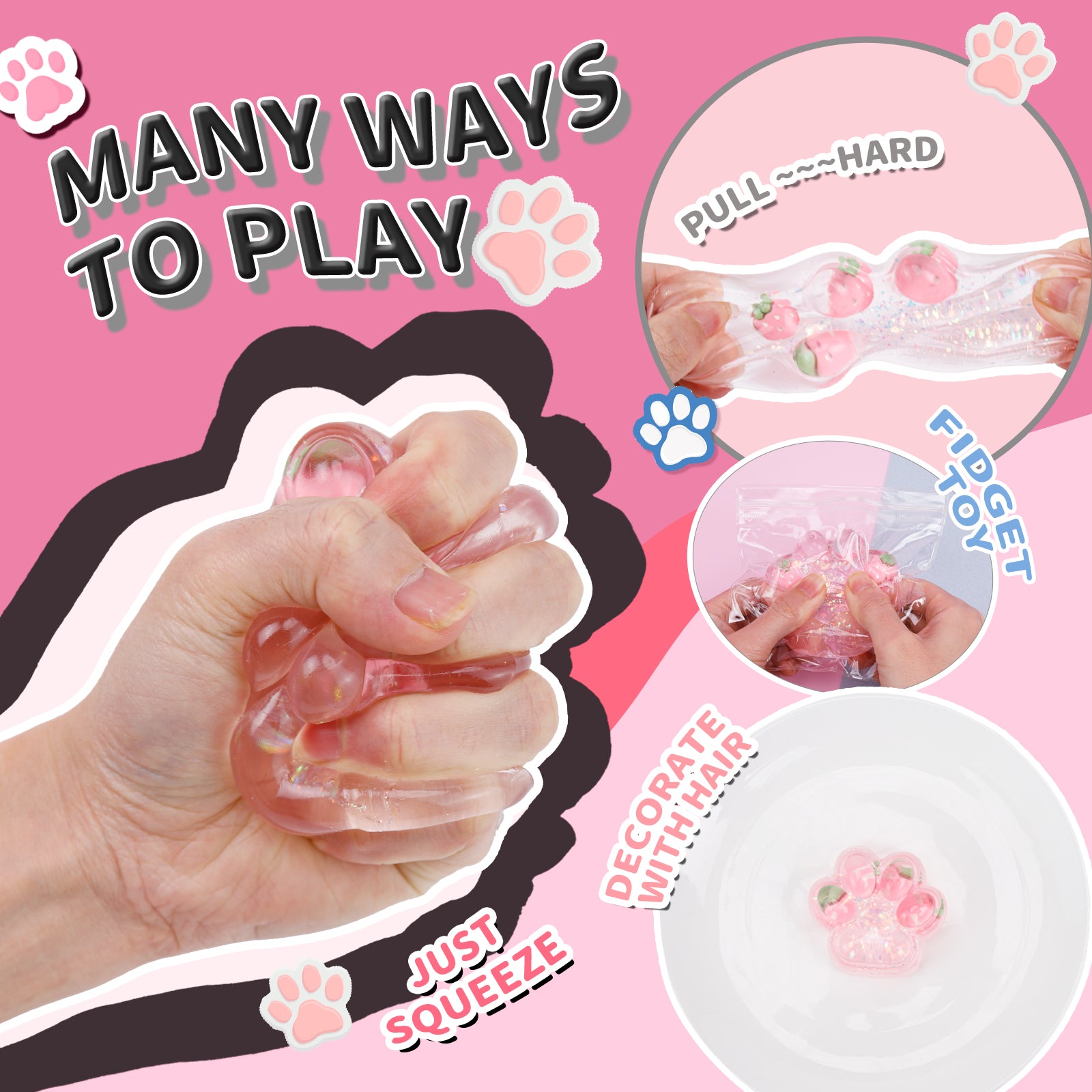 Strawberry Cat Paw Squishy Toy - Transparent Pink Stress Toy 