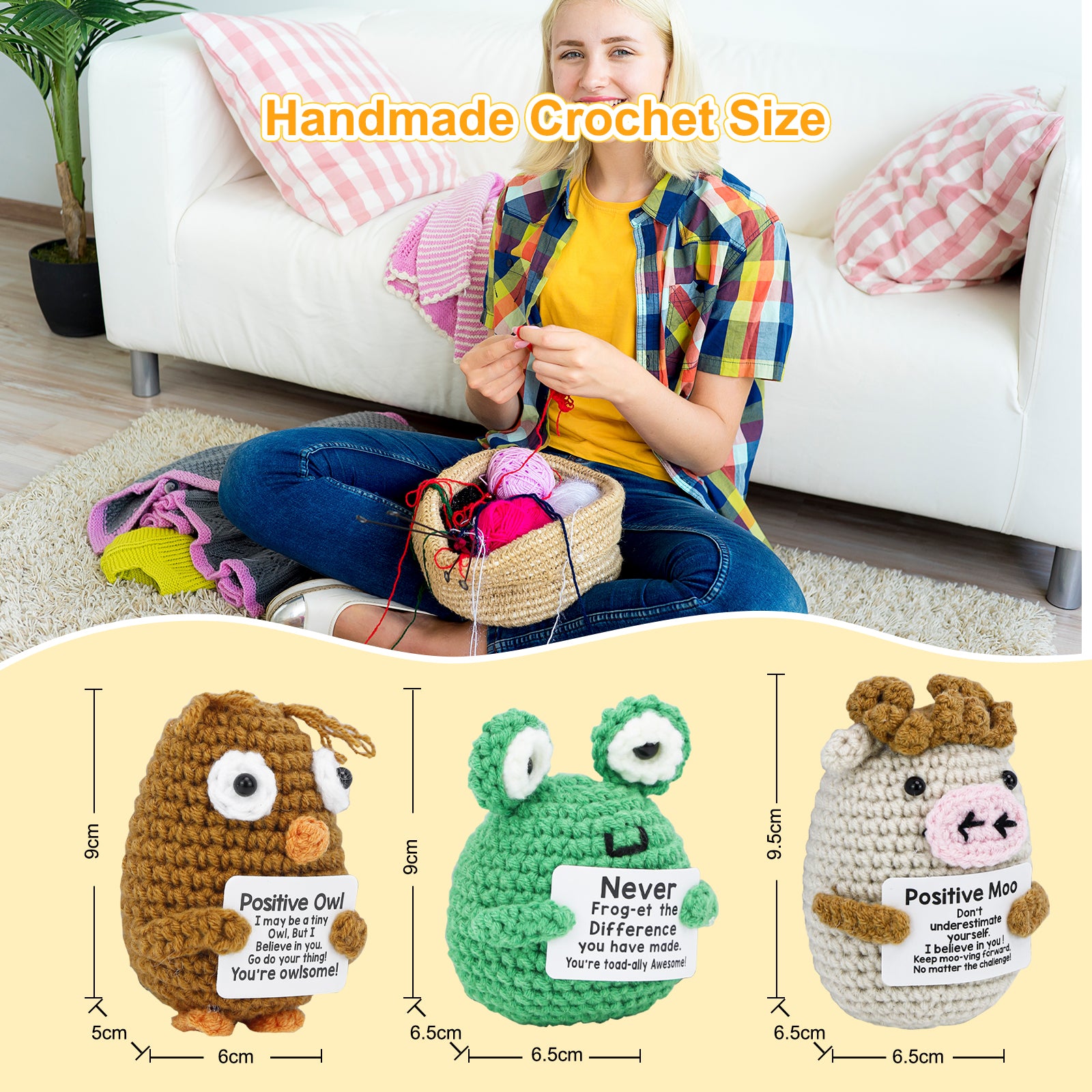 Handmade Crochet Animal - Emotional Support Toy - Positive Card