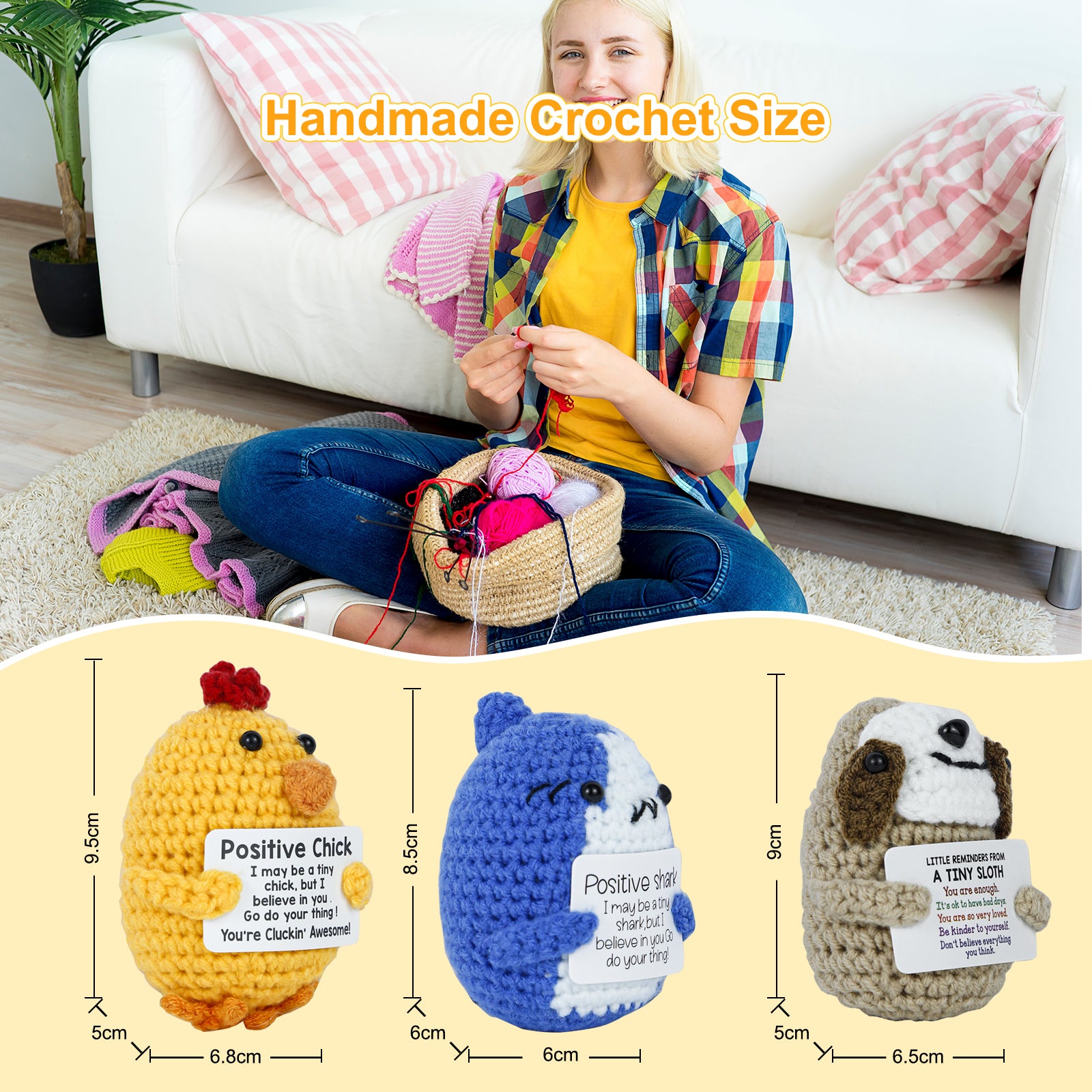 Handmade Crochet Animal - Emotional Support Toy - Positive Card