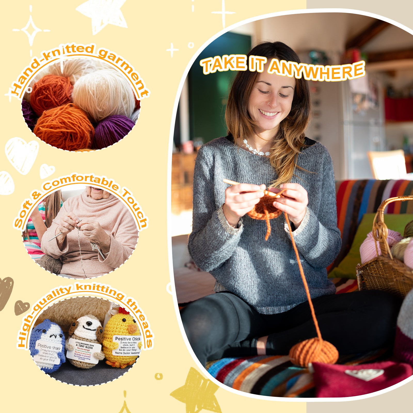 Handmade Crochet Animal - Emotional Support Toy - Positive Card