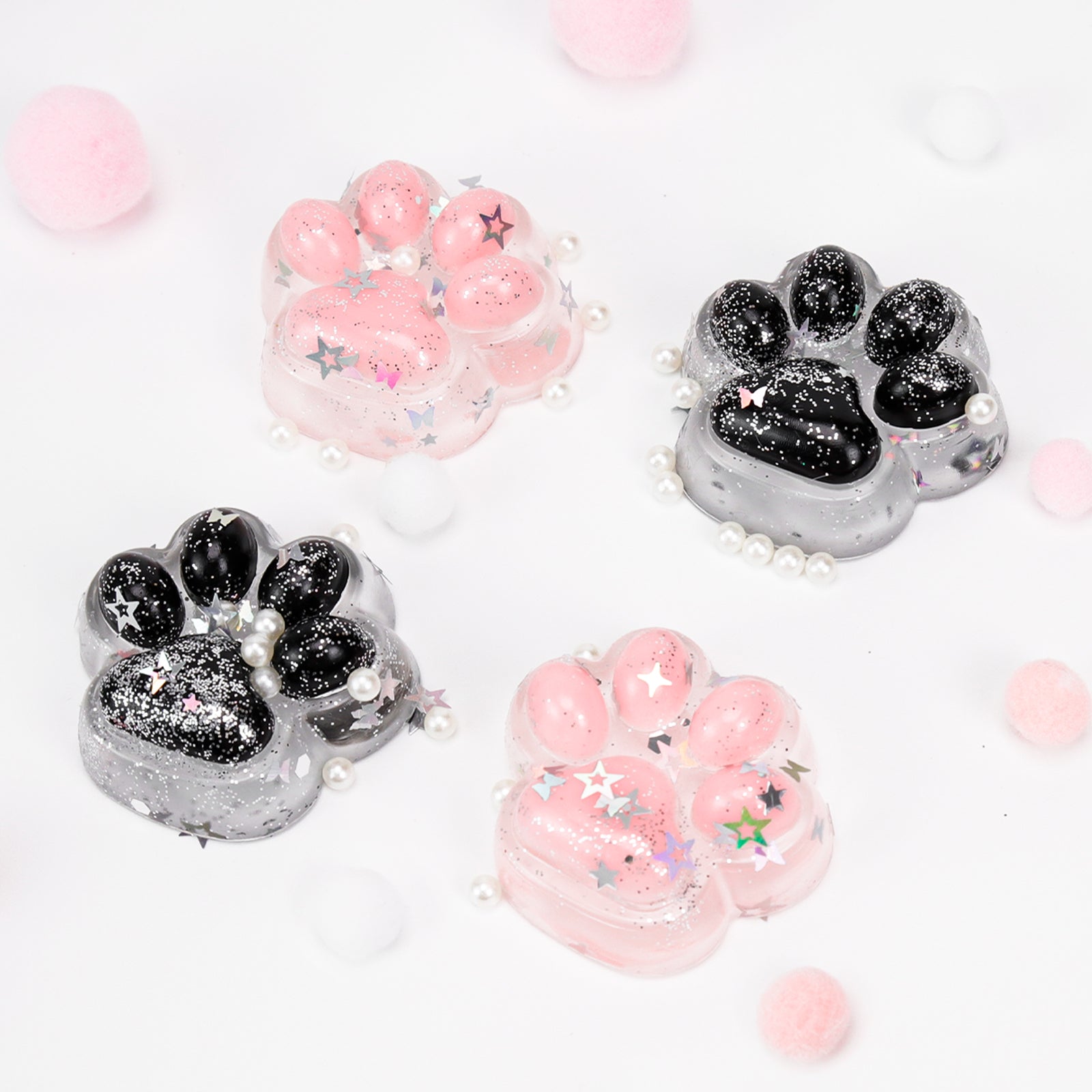 Four Kitten Squishy Toy - Black & Pink Cat Paw Toy - Soft Toy