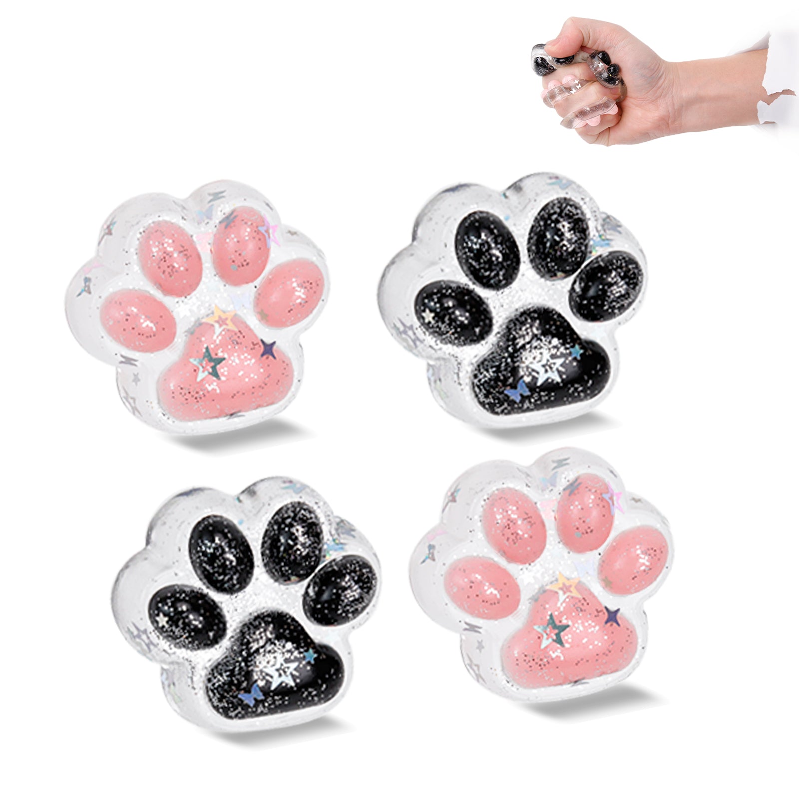 Four Kitten Squishy Toy - Black & Pink Cat Paw Toy - Soft Toy