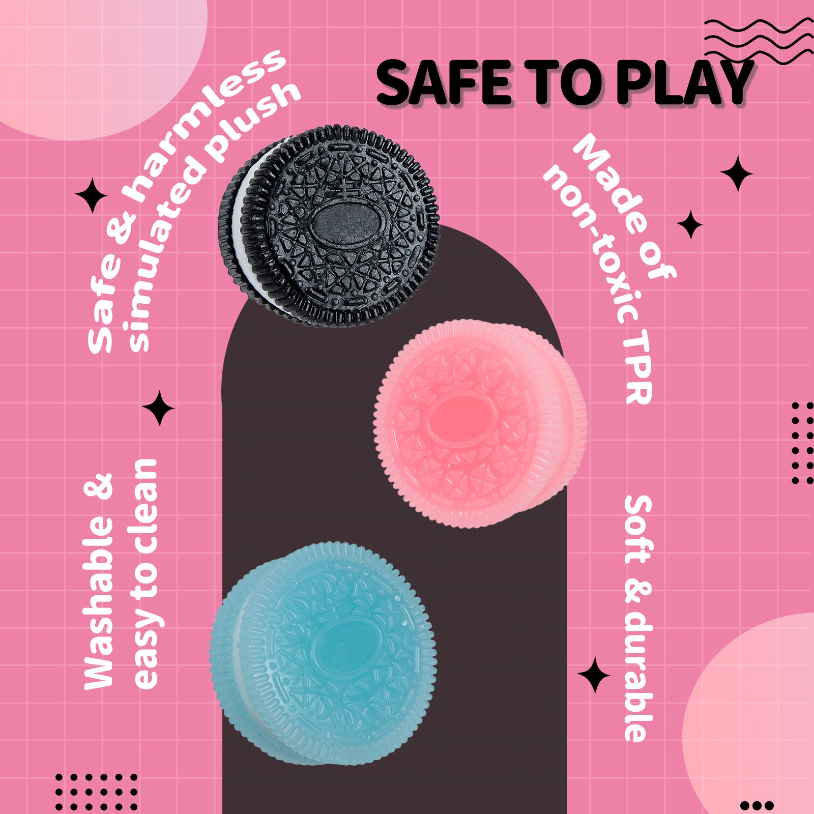 OREO Squishy Toy - Black ,Blue ,Pink Stress Toy - Soft Squeeze Toy